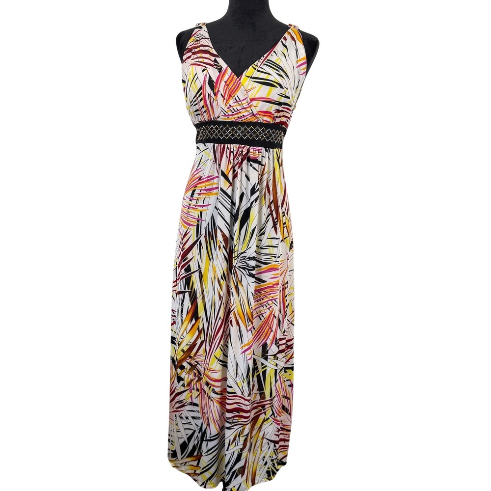 Tropical Print Maxi Dress Womens Medium Multicolor Embellished Boho Resort